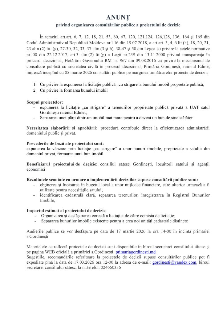 ANUNȚ consultări publice Licitație