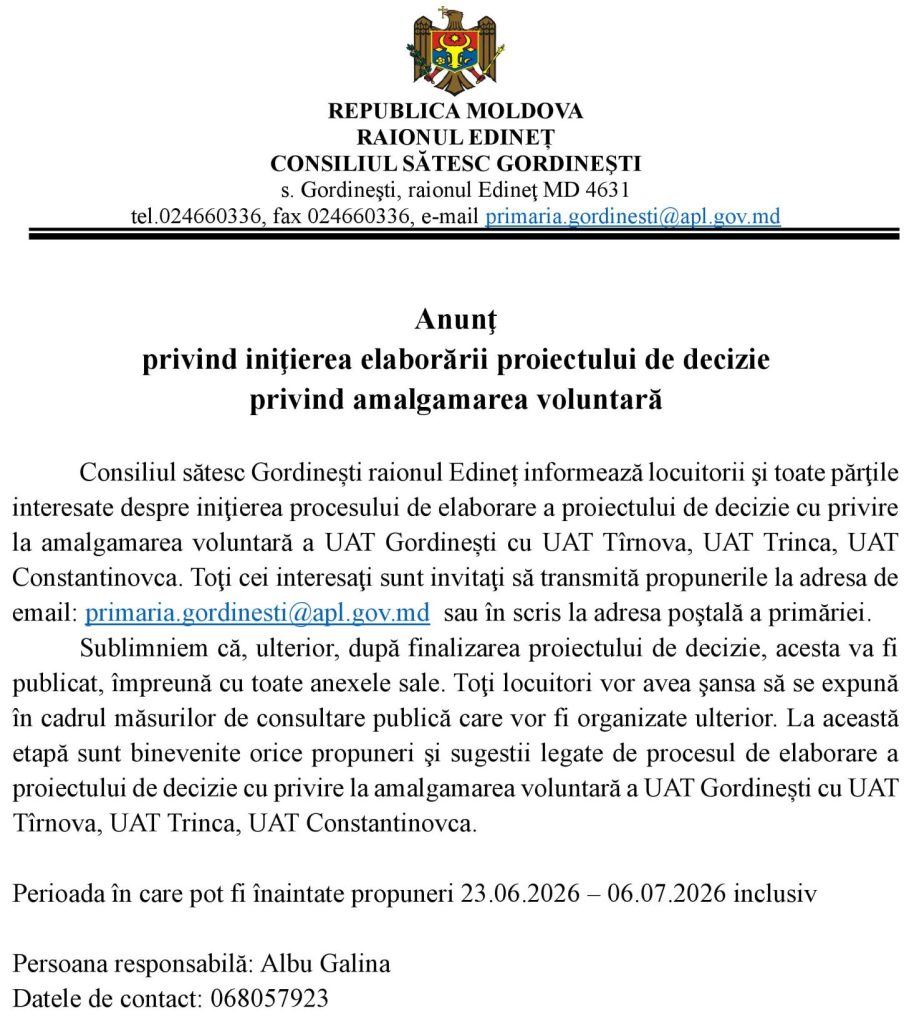 Anunț inițiere proiect de decizie
